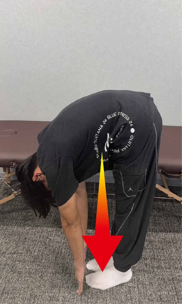 前屈で指が床に付く男性。ストレッチ後の状態。